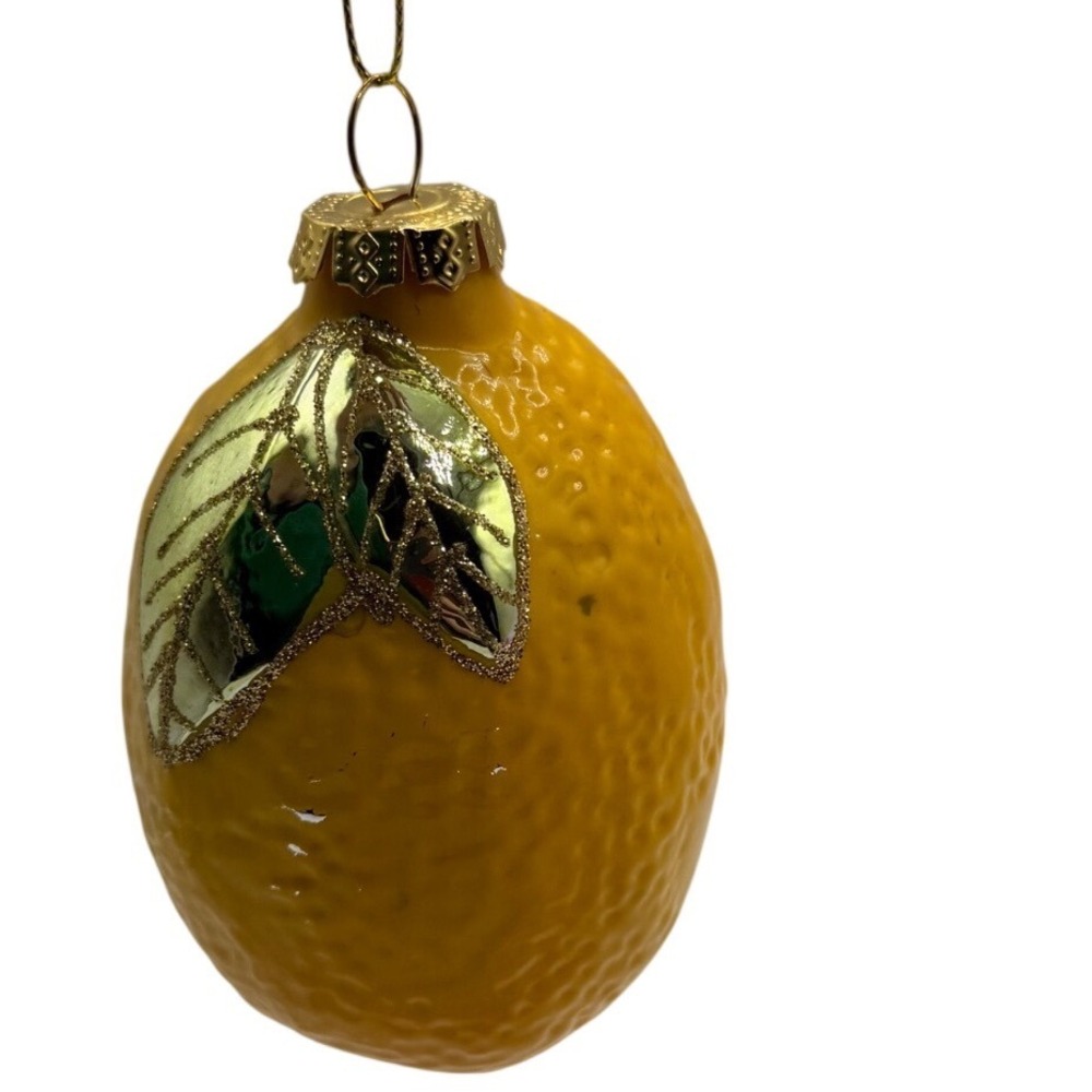 Primitives by Kathy Yellow Glass Lemon Christmas Ornament Gold Leaf 4.5in